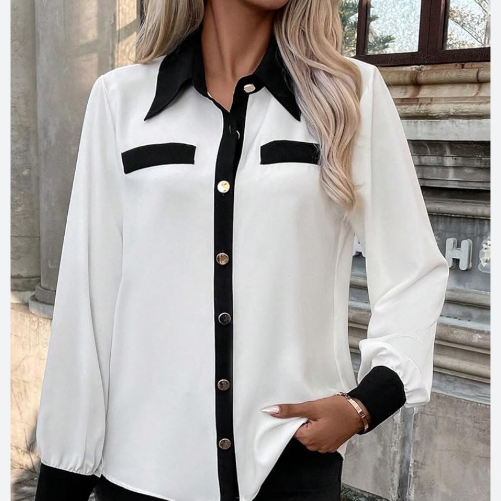 White Black Colorblock Button Down Dressy Blouse